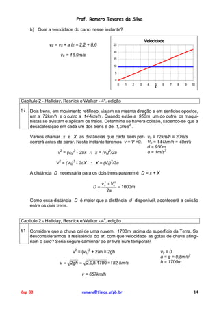 Prof. Romero Tavares da Silva

    b) Qual a velocidade do carro nesse instante?

                                                                      Velocidade
              vE = v0 + a tE = 2,2 + 8,6         25

                                                 20
                    vE = 18,9m/s
                                                 15

                                                 10

                                                 5

                                                 0
                                                      0   1   2   3    4   5    6   7   8   9    10
                                                                           t



Capítulo 2 - Halliday, Resnick e Walker - 4a. edição

57 Dois trens, em movimento retilíneo, viajam na mesma direção e em sentidos opostos,
   um a 72km/h e o outro a 144km/h . Quando estão a 950m um do outro, os maqui-
   nistas se avistam e aplicam os freios. Determine se haverá colisão, sabendo-se que a
   desaceleração em cada um dos trens é de 1,0m/s2 .

    Vamos chamar x e X as distâncias que cada trem per- v0 = 72km/h = 20m/s
    correrá antes de parar. Neste instante teremos v = V =0. V0 = 144km/h = 40m/s
                                                             d = 950m
                  v = (v0) - 2ax ∴ x = (v0) /2a
                   2      2                  2
                                                             a = 1m/s2

                  V2 = (V0)2 - 2aX ∴ X = (V0)2/2a

    A distância D necessária para os dois trens pararem é D = x + X

                                           v 0 + V02
                                             2

                                      D=             = 1000m
                                               2a

    Como essa distância D é maior que a distância d disponível, acontecerá a colisão
    entre os dois trens.


Capítulo 2 - Halliday, Resnick e Walker - 4a. edição

61 Considere que a chuva cai de uma nuvem, 1700m acima da superfície da Terra. Se
   desconsiderarmos a resistência do ar, com que velocidade as gotas de chuva atingi-
   riam o solo? Seria seguro caminhar ao ar livre num temporal?

                           v2 = (v0)2 + 2ah = 2gh                              v0 = 0
                                                                               a = g = 9,8m/s2
                    v = 2gh = 2.9,8.1700 =182,5m/s                             h = 1700m

                               v = 657km/h


Cap 03                         romero@fisica.ufpb.br                                              14
 