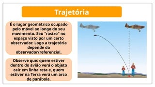 É o lugar geométrico ocupado
pelo móvel ao longo do seu
movimento. Seu "rastro" no
espaço visto por um certo
observador. Logo a trajetória
depende do
observador/referencial.
Observe que: quem estiver
dentro do avião verá o objeto
cair em linha reta e, quem
estiver na Terra verá um arco
de parábola.
Trajetória
 