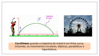 Curvilíneos quando a trajetória do móvel é em linha curva,
incluindo, os movimentos circulares, elípticas, parabólicos e
hiperbólicos.
 