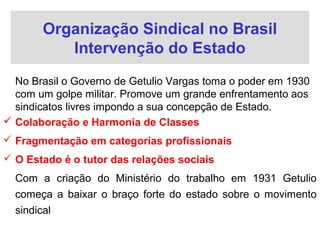 Organização Sindical no Brasil
Intervenção do Estado
No Brasil o Governo de Getulio Vargas toma o poder em 1930
com um golpe militar. Promove um grande enfrentamento aos
sindicatos livres impondo a sua concepção de Estado.
 Colaboração e Harmonia de Classes
 Fragmentação em categorias profissionais
 O Estado é o tutor das relações sociais
Com a criação do Ministério do trabalho em 1931 Getulio
começa a baixar o braço forte do estado sobre o movimento
sindical
 