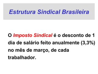 Estrutura Sindical Brasileira
O Imposto Sindical é o desconto de 1
dia de salário feito anualmente (3,3%)
no mês de março, de cada
trabalhador.
 