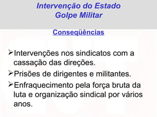 Intervenção do Estado
Golpe Militar
Conseqüências
Intervenções nos sindicatos com a
cassação das direções.
Prisões de dirigentes e militantes.
Enfraquecimento pela força bruta da
luta e organização sindical por vários
anos.
 