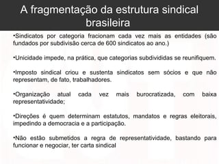A fragmentação da estrutura sindical
brasileira
•Sindicatos por categoria fracionam cada vez mais as entidades (são
fundados por subdivisão cerca de 600 sindicatos ao ano.)
•Unicidade impede, na prática, que categorias subdivididas se reunifiquem.
•Imposto sindical criou e sustenta sindicatos sem sócios e que não
representam, de fato, trabalhadores.
•Organização atual cada vez mais burocratizada, com baixa
representatividade;
•Direções é quem determinam estatutos, mandatos e regras eleitorais,
impedindo a democracia e a participação.
•Não estão submetidos a regra de representatividade, bastando para
funcionar e negociar, ter carta sindical
 