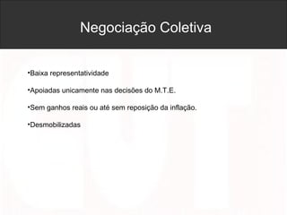Negociação Coletiva
•Baixa representatividade
•Apoiadas unicamente nas decisões do M.T.E.
•Sem ganhos reais ou até sem reposição da inflação.
•Desmobilizadas
 