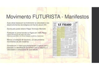 Movimento FUTURISTA - ManifestosMovimento FUTURISTA - Manifestos
Suas obras baseavam-se fortemente na velocidade e nos
des...