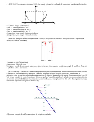 31-(UFU-MG) Uma massa m executa um MHS. Sua energia potencial U, em função de sua posição x, está no gráfico abaixo.
Se E for sua energia total, teremos:
a) em x1, sua energia cinética será a
b) em x1, sua energia potencial será b
c) em x1, sua energia cinética será +b
d) na posição x2 sua energia cinética será máxima
e) na posição x2 sua energia potencial será nula.
32-(PUC-SP) Na figura abaixo, está representada a situação de equilíbrio de uma mola ideal quando livre e depois de ser
presa a um corpo de massa 400g.
Considere g=10m/s2
e determine:
a) a constante elástica da mola
b) o tipo e o período do movimento que o corpo descreveria, caso fosse suspenso 1,cm de sua posição de equilíbrio. Despreze
a ação do ar sobre o movimento.
33-(UNICAMP-SP) Os átomos de carbono têm a propriedade de se ligarem formando materiais muito distintos entre si, como
o diamante, o grafite e os diversos polímeros. Há alguns anos foi descoberto um novo arranjo para esses átomos: os
nanotubos, cujas paredes são malhas de átomos de carbono. O diâmetro desses tubos é de apenas alguns nanômetros (1nm=10-
9
m). No ano passado, foi possível montar um sistema no qual um nanotubo de carbono fechado nas pontas oscila no interior
de um outro nanotubo de diâmetro maior e aberto nas extremidades. As interações entre os dois tubos dão origem a uma força
restauradora representada no gráfico. (1nN=10-9
N)
a) Encontre, por meio do gráfico, a constante da mola desse oscilador.
 