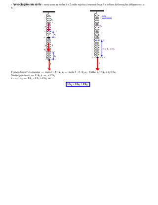 - Associação em série neste caso as molas 1 e 2 estão sujeitas à mesma força F e sofrem deformações diferentes x1 e
x2.
Como a força F é a mesma --- mola 1 F =k1.x1 --- mola 2 F =k2.x2 Então, x1=F/k1 e x2=F/k2.
Mola equivalente --- F=ke.x --- x=F/ke
x = x1 + x2 --- F/ke = F/k1 + F/k2 ---
 
