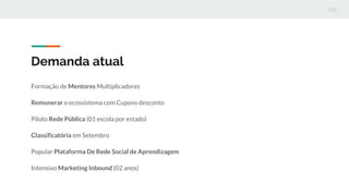 Demanda atual
Formação de Mentores Multiplicadores
Remunerar o ecossistema com Cupons desconto
Piloto Rede Pública (01 escola por estado)
Classificatória em Setembro
Popular Plataforma De Rede Social de Aprendizagem
Intensivo Marketing Inbound (02 anos)
 