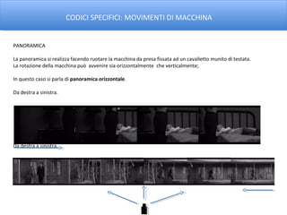 CODICI SPECIFICI: MOVIMENTI DI MACCHINA


PANORAMICA

La panoramica si realizza facendo ruotare la macchina da presa fissata ad un cavalletto munito di testata.
La rotazione della macchina può avvenire sia orizzontalmente che verticalmente;

In questo caso si parla di panoramica orizzontale.

Da destra a sinistra.




Da destra a sinistra.
 