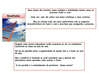 Seus alunos vão revisitar esses estágios e habilidades muitas vezes no 
processo fazer e criar. 
Cada vez, eles vão voltar com maior confiança e mais criativos. 
Eles se tornam cada vez mais confortáveis com os aspectos 
desconfortáveis do fazer e com a incerteza que acompanha o processo. 
Resultados 
Imagine como muitos educadores estão surpresos ao ver os estudantes 
resistirem ao fazer na sala de aula. 
Há um elo perdido entre a popularidade do mundo real e o fazer na sala 
de aula. 
Mas o mistério é resolvido se você considerar que a maioria dos 
educadores nunca aprendeu como ensinar o fazer. 
O elo perdido é o entendimento do professor. Vamos nessa? 
