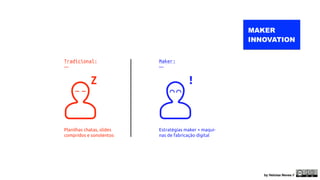 Tradicional: 
— 
Maker: 
— 
Planilhas chatas, slides 
compridos e sonolentos 
Estratégias maker + maqui-nas 
de fabricação digital 
MAKER 
INNOVATION 
by Heloisa Neves // 
 