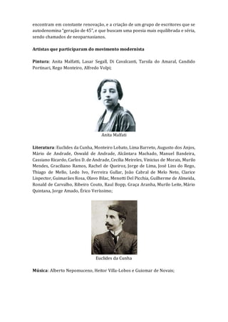 encontram em constante renovação, e a criação de um grupo de escritores que se
autodenomina “geração de 45”, e que buscam uma poesia mais equilibrada e séria,
sendo chamados de neoparnasianos.
Artistas que participaram do movimento modernista
Pintura: Anita Malfatti, Lasar Segall, Di Cavalcanti, Tarsila do Amaral, Candido
Portinari, Rego Monteiro, Alfredo Volpi;
Anita Malfati
Literatura: Euclides da Cunha, Monteiro Lobato, Lima Barreto, Augusto dos Anjos,
Mário de Andrade, Oswald de Andrade, Alcântara Machado, Manuel Bandeira,
Cassiano Ricardo, Carlos D. de Andrade, Cecília Meireles, Vinicius de Morais, Murilo
Mendes, Graciliano Ramos, Rachel de Queiroz, Jorge de Lima, José Lins do Rego,
Thiago de Mello, Ledo Ivo, Ferreira Gullar, João Cabral de Melo Neto, Clarice
Lispector, Guimarães Rosa, Olavo Bilac, Menotti Del Picchia, Guilherme de Almeida,
Ronald de Carvalho, Ribeiro Couto, Raul Bopp, Graça Aranha, Murilo Leite, Mário
Quintana, Jorge Amado, Érico Veríssimo;
Euclides da Cunha
Música: Alberto Nepomuceno, Heitor Villa-Lobos e Guiomar de Novais;
 