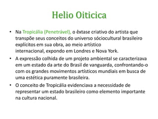 Helio OiticicaEm 1960,  realiza o primeiro Penetrável* - labirintos que apelam à integração total com os sentidos do espectador.Com os Bólides*, Oiticica atinge um limite possível de estruturação da obra corporificada pela cor Conceituando-os como "transobjetos", os Bólides irão permitir uma nova concepção estrutural do objeto-plástico no espaço. 
