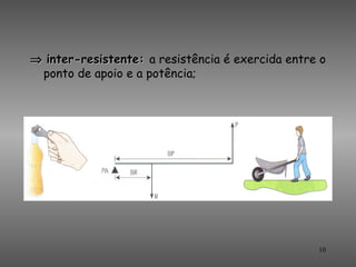 ⇒ inter-resistente: a resistência é exercida entre o
 ponto de apoio e a potência;




                                                  10
 