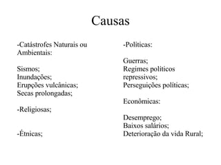 Causas -Catástrofes Naturais ou Ambientais: Sismos; Inundações; Erupções vulcânicas; Secas prolongadas; Religiosas; Étnicas; -Políticas:  Guerras; Regimes políticos repressivos; Perseguições políticas; Econômicas: Desemprego; Baixos salários; Deterioração da vida Rural; 
