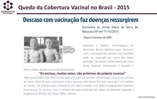 “As vacinas, muitas vezes, são próximas do próprio sucesso”
https://bit.ly/3UU0rg6/
Queda da Cobertura Vacinal no Brasil - 2015
 