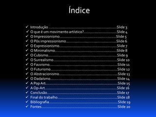 Índice



















Introdução …………………………………………..………….…Slide 3
O que é um movimento artístico?................................Slide 4
O Impressionismo……...……………………………………....Slide 5
O Pós impressionismo……………………………………..…..Slide 6
O Expressionismo………………………………………….…....Slide 7
O Minimalismo…………………………………………..….......Slide 8
O Cubismo………………………………………………………….Slide 9
O Surrealismo……………………………………………………..Slide 10
O Fauvismo………………………………………………………...Slide 11
O Futurismo………………………………………………………..Slide 12
O Abstracionismo………………………………………………...Slide 13
O Dadaísmo……………………………………………..……...…Slide 14
A Pop Art……………………………………………...................Slide 15
A Op-Art………………………………………………………….…Slide 16
Conclusão…………………………………………………………..Slide 17
Final do trabalho…………………….....………………………..Slide 18
Bibliografia………………………………………………………….Slide 19
Fontes…………………………………………………………….....Slide 20

 