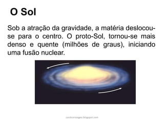 O Sol
Sob a atração da gravidade, a matéria deslocou-
se para o centro. O proto-Sol, tornou-se mais
denso e quente (milhões de graus), iniciando
uma fusão nuclear.
carolcorreageo.blogspot.com
 