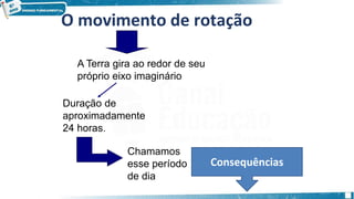 O movimento de rotação
A Terra gira ao redor de seu
próprio eixo imaginário
Duração de
aproximadamente
24 horas.
Chamamos
esse período
de dia
Consequências
 