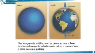 Nas imagens de satélite, mal se percebe, mas a Terra
tem forma levemente achatada nos polos, o que nos leva
a dizer que ela é geóide.
 