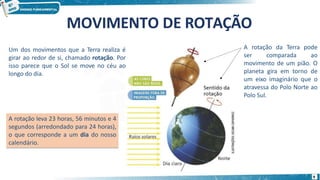 MOVIMENTO DE ROTAÇÃO
Um dos movimentos que a Terra realiza é
girar ao redor de si, chamado rotação. Por
isso parece que o Sol se move no céu ao
longo do dia.
A rotação da Terra pode
ser comparada ao
movimento de um pião. O
planeta gira em torno de
um eixo imaginário que o
atravessa do Polo Norte ao
Polo Sul.
A rotação leva 23 horas, 56 minutos e 4
segundos (arredondado para 24 horas),
o que corresponde a um dia do nosso
calendário.
9
 