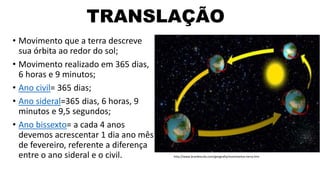 TRANSLAÇÃO
• Movimento que a terra descreve
sua órbita ao redor do sol;
• Movimento realizado em 365 dias,
6 horas e 9 minutos;
• Ano civil= 365 dias;
• Ano sideral=365 dias, 6 horas, 9
minutos e 9,5 segundos;
• Ano bissexto= a cada 4 anos
devemos acrescentar 1 dia ano mês
de fevereiro, referente a diferença
entre o ano sideral e o civil. http://www.brasilescola.com/geografia/movimentos-terra.htm
 