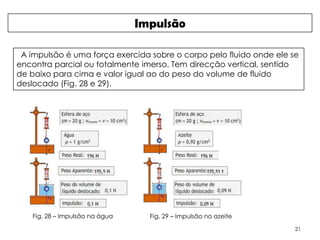 Impulsão

 A impulsão é uma força exercida sobre o corpo pelo fluido onde ele se
encontra parcial ou totalmente imerso. Tem direcção vertical, sentido
de baixo para cima e valor igual ao do peso do volume de fluido
deslocado (Fig. 28 e 29).




   Fig. 28 – Impulsão na água     Fig. 29 – Impulsão no azeite

                                                                     21
 