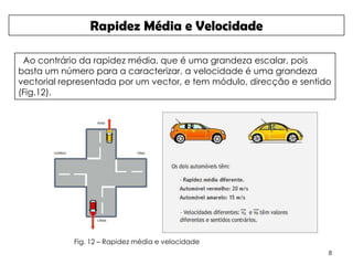 Rapidez Média e Velocidade

 Ao contrário da rapidez média, que é uma grandeza escalar, pois
basta um número para a caracterizar, a velocidade é uma grandeza
vectorial representada por um vector, e tem módulo, direcção e sentido
(Fig.12).




            Fig. 12 – Rapidez média e velocidade
                                                                     8
 