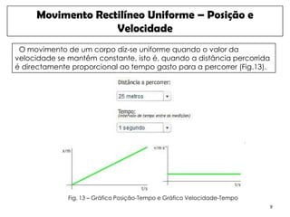 Movimento Rectilíneo Uniforme – Posição e
                   Velocidade
 O movimento de um corpo diz-se uniforme quando o valor da
velocidade se mantêm constante, isto é, quando a distância percorrida
é directamente proporcional ao tempo gasto para a percorrer (Fig.13).




              Fig. 13 – Gráfico Posição-Tempo e Gráfico Velocidade-Tempo
                                                                           9
 