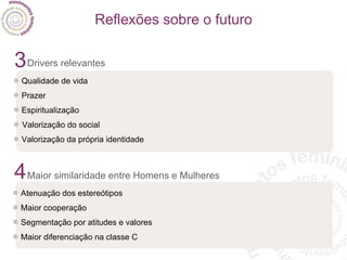 Reflexões sobre o futuro 4 •   Atenuação dos estereótipos •   Maior cooperação •   Segmentação por atitudes e valores •   Maior diferenciação na classe C Maior similaridade entre Homens e Mulheres 3 •   Qualidade de vida •   Prazer •   Espiritualização •  Valorização do social •   Valorização da própria identidade Drivers relevantes 