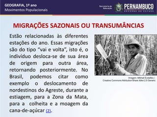 MIGRAÇÕES SAZONAIS OU TRANSUMÂNCIAS
Estão relacionadas às diferentes
estações do ano. Essas migrações
são do tipo “vai e volta”, isto é, o
indivíduo desloca-se de sua área
de origem para outra área,
retornando posteriormente. No
Brasil, podemos citar como
exemplo o deslocamento de
nordestinos do Agreste, durante a
estiagem, para a Zona da Mata,
para a colheita e a moagem da
cana-de-açúcar (2).
GEOGRAFIA, 1º ano
Movimentos Populacionais
Imagem: Mikhail Evstafiev /
Creative Commons Attribution-Share Alike 2.5 Generic
 