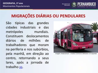 MIGRAÇÕES DIÁRIAS OU PENDULARES
São típicas das grandes
cidades industriais e das
metrópoles mundiais.
Constituem deslocamentos
diários de milhões de
trabalhadores que moram
na periferia e nos subúrbios,
pela manhã, em direção ao
centro, retornando a seus
lares, após a jornada de
trabalho (4).
GEOGRAFIA, 1º ano
Movimentos Populacionais
Imagem: Arielcronics3 / Creative Commons Attribution 3.0 Unported.
 