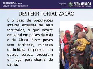 DESTERRITORIALIZAÇÃO
É o caso de populações
inteiras expulsas de seus
territórios, o que ocorre
em geral em países da Ásia
e da África. Esses povos
sem território, minorias
oprimidas, dispersos em
outros países, procuram
um lugar para chamar de
pátria.
GEOGRAFIA, 1º ano
Movimentos Populacionais
magem:
Oxfam
East
Africa
/
Creative
Commons
Attribution
2.0
Generic
 
