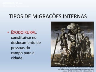 TIPOS DE MIGRAÇÕES INTERNAS
• ÊXODO RURAL:
constitui-se no
deslocamento de
pessoas do
campo para a
cidade.
Imagem: Os Retirantes, 1944, Cândido Portinari , MASP/
http://www.portinari.org.br/ppsite/ppacervo/obrasCompl.asp?
notacao=2733&ind=34&NomeRS=rsObras&Modo=C
GEOGRAFIA, 1º ano
Movimentos Populacionais
 