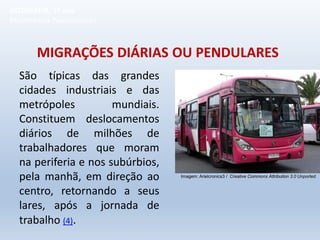 MIGRAÇÕES DIÁRIAS OU PENDULARES
São típicas das grandes
cidades industriais e das
metrópoles mundiais.
Constituem deslocamentos
diários de milhões de
trabalhadores que moram
na periferia e nos subúrbios,
pela manhã, em direção ao
centro, retornando a seus
lares, após a jornada de
trabalho (4).
GEOGRAFIA, 1º ano
Movimentos Populacionais
Imagem: Arielcronics3 / Creative Commons Attribution 3.0 Unported.
 
