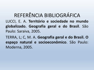 REFERÊNCIA BIBLIOGRÁFICA
LUCCI, E. A. Território e sociedade no mundo
globalizado. Geografia geral e do Brasil. São
Paulo: Saraiva, 2005.
TERRA, L; C, M. A. Geografia geral e do Brasil. O
espaço natural e socioeconômico. São Paulo:
Moderna, 2005.
 