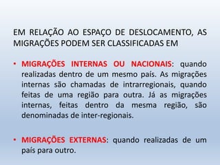 EM RELAÇÃO AO ESPAÇO DE DESLOCAMENTO, AS
MIGRAÇÕES PODEM SER CLASSIFICADAS EM
• MIGRAÇÕES INTERNAS OU NACIONAIS: quando
realizadas dentro de um mesmo país. As migrações
internas são chamadas de intrarregionais, quando
feitas de uma região para outra. Já as migrações
internas, feitas dentro da mesma região, são
denominadas de inter-regionais.
• MIGRAÇÕES EXTERNAS: quando realizadas de um
país para outro.
 