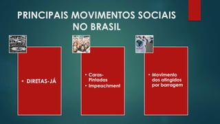 PRINCIPAIS MOVIMENTOS SOCIAIS
NO BRASIL
• DIRETAS-JÁ
• Caras-
Pintadas
• Impeachment
• Movimento
dos atingidos
por barragem
 