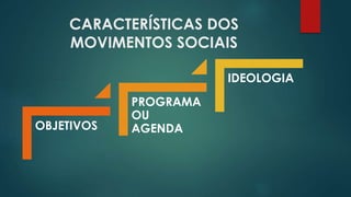 CARACTERÍSTICAS DOS
MOVIMENTOS SOCIAIS
OBJETIVOS
PROGRAMA
OU
AGENDA
IDEOLOGIA
 