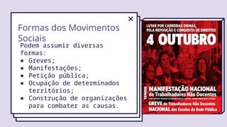 Formas dos Movimentos
Sociais
Podem assumir diversas
formas:
● Greves;
● Manifestações;
● Petição pública;
● Ocupação de determinados
territórios;
● Construção de organizações
para combater as causas.
 