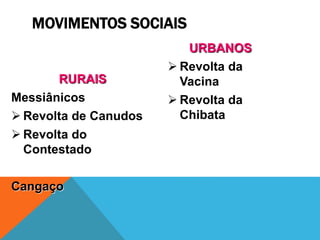 RURAIS
Messiânicos
 Revolta de Canudos
 Revolta do
Contestado
Cangaço
URBANOS
 Revolta da
Vacina
 Revolta da
Chibata
MOVIMENTOS SOCIAIS
 