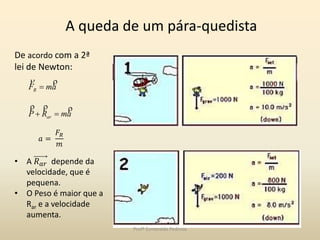De acordo com a 2ª
lei de Newton:
amRP
amF
ar
R




A queda de um pára-quedista
𝑎 =
𝐹𝑅
𝑚
• A 𝑅 𝑎𝑟 depende da
velocidade, que é
pequena.
• O Peso é maior que a
Rar e a velocidade
aumenta.
Profª Esmeralda Pedrosa
 