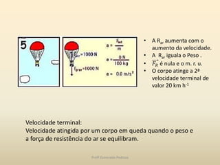 • A Rar aumenta com o
aumento da velocidade.
• A Rar iguala o Peso .
• 𝐹𝑅 é nula e o m. r. u.
• O corpo atinge a 2ª
velocidade terminal de
valor 20 km h-1
Velocidade terminal:
Velocidade atingida por um corpo em queda quando o peso e
a força de resistência do ar se equilibram.
Profª Esmeralda Pedrosa
 