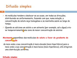 Difusão simples As moléculas tendem a deslocar-se ao acaso, em todas as direcções, distribuindo-se uniformemente, fazendo com que, numa solução, a concentração de soluto seja homogénea e se mantenha assim ao longo do tempo.  Quando se adiciona um soluto a um solvente (por exemplo, sal a água) cria-se temporariamente uma zona de maior concentração de solutos Movimento  espontâneo das moléculas  do soluto a favor do gradiente de concentração do meio onde a sua concentração é mais elevada (meio hipertónico) para o meio onde a sua concentração é mais baixa (meio hipotónico), até atingirem uma distribuição uniforme. Difusão simples   