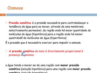 Osmose Pressão osmótica  é a pressão necessária para contrabalançar a tendência da água para se mover, através de uma membrana selectivamente permeável, da região onde há maior quantidade de moléculas de água (hipotónica) para a região onde há menor quantidade de moléculas de água (hipertónica) É a pressão que é necessário exercer para impedir a osmose. A pressão osmótica  do meio é directamente proporcional à presença de solutos. a água tende a mover-se de uma região com  menor pressão osmótica  (solução hipotónica) para uma região com  maior pressão osmótica  (solução hipertónica).  