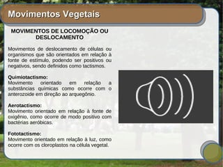 Movimentos VegetaisMovimentos Vegetais
MOVIMENTOS DE LOCOMOÇÃO OU
DESLOCAMENTO
Movimentos de deslocamento de células ou
organismos que são orientados em relação à
fonte de estímulo, podendo ser positivos ou
negativos, sendo definidos como tactismos.
Quimiotactismo:
Movimento orientado em relação a
substâncias químicas como ocorre com o
anterozoide em direção ao arquegônio.
Aerotactismo:
Movimento orientado em relação à fonte de
oxigênio, como ocorre de modo positivo com
bactérias aeróbicas.
Fototactismo:
Movimento orientado em relação à luz, como
ocorre com os cloroplastos na célula vegetal.
 