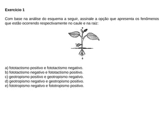 Exercício 1
Com base na análise do esquema a seguir, assinale a opção que apresenta os fenômenos
que estão ocorrendo respectivamente no caule e na raiz:
a) fototactismo positivo e fototactismo negativo.
b) fototactismo negativo e fototactismo positivo.
c) geotropismo positivo e geotropismo negativo.
d) geotropismo negativo e geotropismo positivo.
e) fototropismo negativo e fototropismo positivo.
 