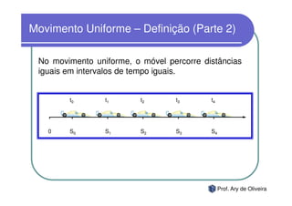 Movimento Uniforme – Definição (Parte 2)

 No movimento uniforme, o móvel percorre distâncias
 iguais em intervalos de tempo iguais.


        t0       t1       t2      t3       t4




   0    S0       S1       S2      S3       S4




                                                Prof. Ary de Oliveira
 