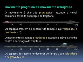 O movimento é chamado progressivo quando o móvel
caminha a favor da orientação da trajetória.
0 10 20 30
-20 -10 s (m)
Os espaços crescem no decorrer do tempo e sua velocidade é
positiva (v > 0).
O movimento é chamado retrógrado quando o móvel caminha
contra a orientação da trajetória.
0 10 20 30
-20 -10 s (m)
Os espaços decrescem no decorrer do tempo e sua velocidade
é negativa (v < 0).
 