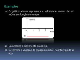 12. O gráfico abaixo representa a velocidade escalar de um
móvel em função do tempo.
a) Caracterize o movimento proposto;
b) Determine a variação de espaço do móvel no intervalo de 1s
a 3s.
 